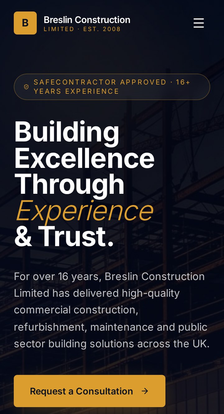 Breslin Construction Ltd website shown on a phone